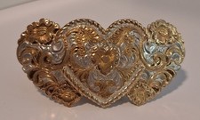 CRUMRINE JEWELERS BELT BUCKLE HEAVY SILVERPLATE ON JEWELERS BRONZE TRIPLE HEARTS