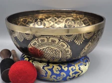 12" Handmade Tibetan Singing Bowl–Flower of Life Carved Bowl-Deep Relaxing Tone