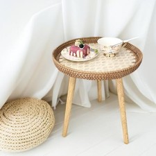 Small Rattan Side Table/Round Coffee Table for Small Spaces, Mini Slender Leaf