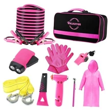 Car Emergency Kit, Pink Roadside Emergency Car Kit with Jumper Cables, Tow 