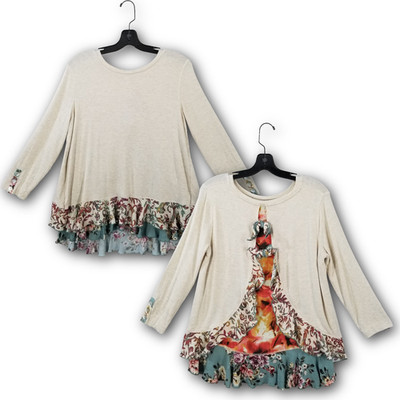 John Mark Top Women Medium Layered Ruffle Back Mixed Print Flowy Artsy Tunic