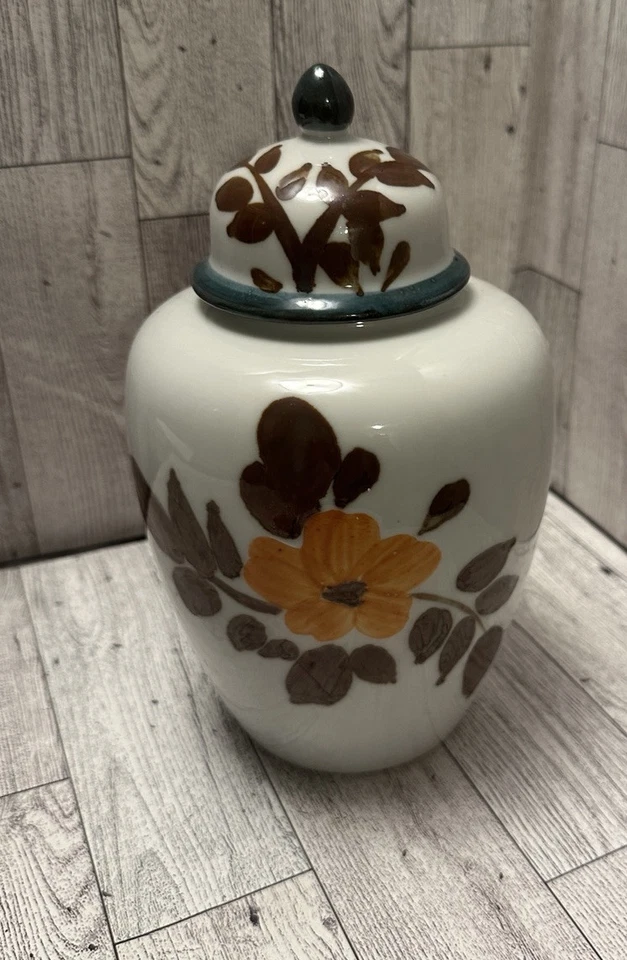 Винтажная японская керамическая банка с имбирем ручной росписью LEGO белый камень оранжевый 8 дюймов - Изображение 3 из 4