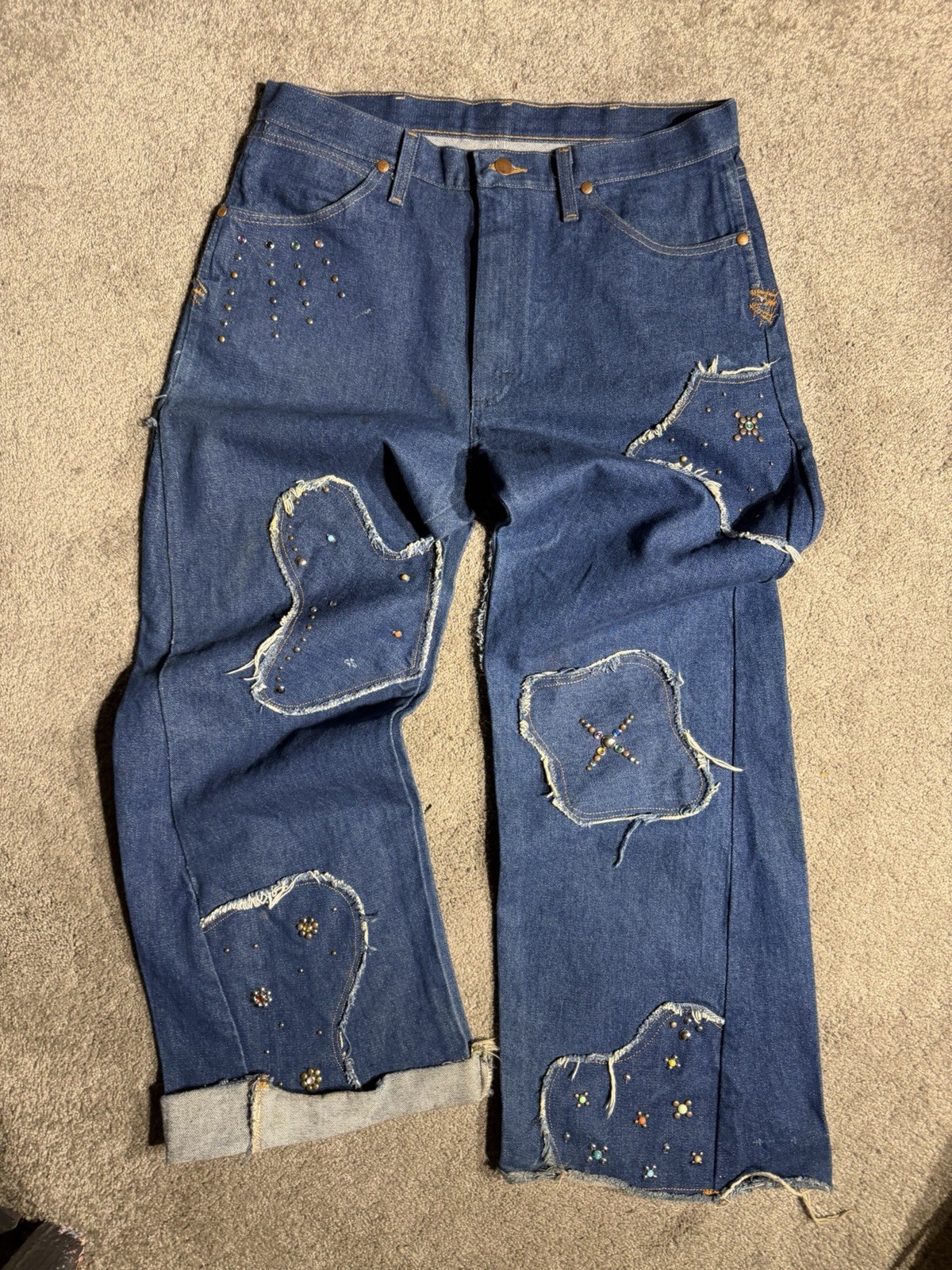 Blue Patchwork Beaded Embroidered Distressed Deni… - image 1