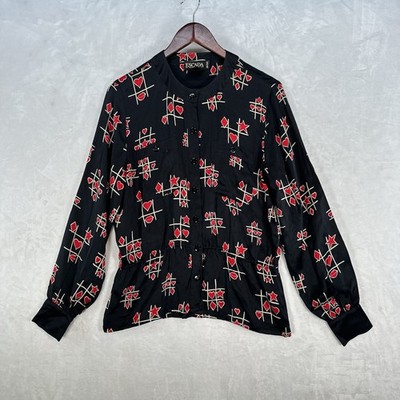 Vintage Escada Top Womens M Black Red Hearts Lips Silk Blouse Shirt Button 90s