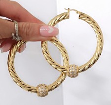 Large Gold Hoops 70mm Chunky Twist Hoop Earrings With Sparkly Balls 9ct Gold XP 