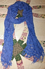 VINTAGE OPEN WEAVE RAYON SCARF W/FRINGE 80s 90s LT WEIGHT ROYAL BLUE INDIA