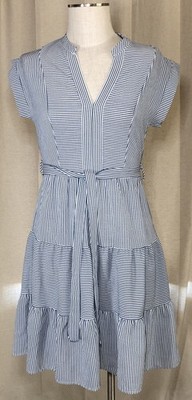 MONTREAU Los Angeles Blue Striped Tiered DRESS Sz M Nautical Coastal Summer