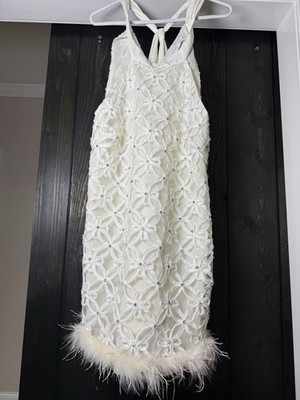 EB Luxe Los Angeles White Feather Trim Halter Mini Dress Floral Embellished L