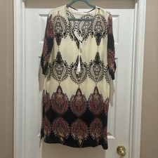 HALIFE Sheath Dress With Tassel Tie Neck Cream Blue Gold  Boho Large EUC