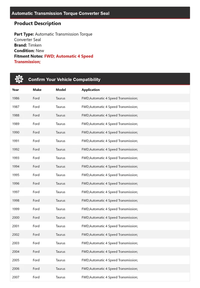 Para Ford Taurus 1986-2007 tracción delantera transmisión automática convertidor de par sello Timken 1987 1988 Foto 2 de 4