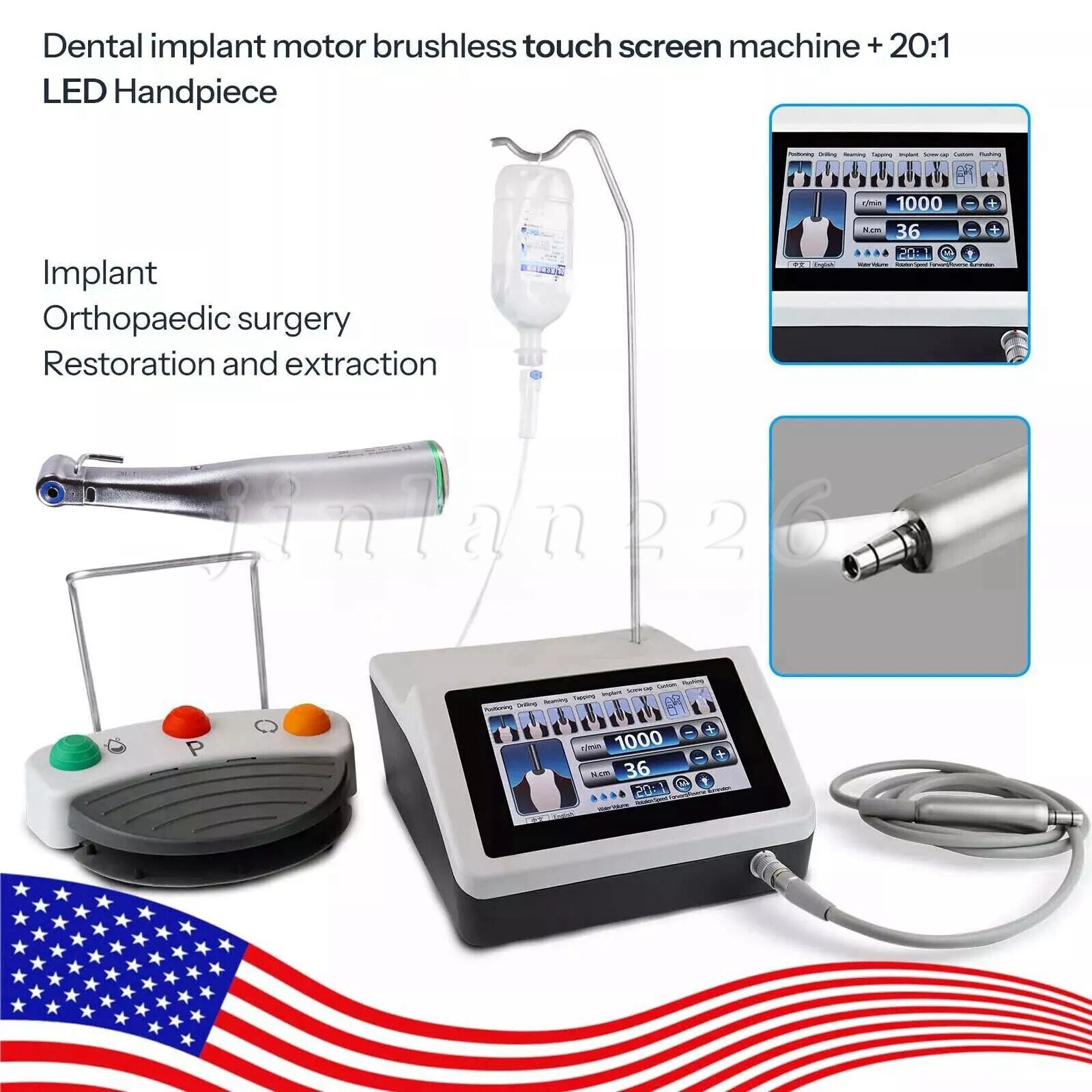 Dental Surgical Implant Motor System 20:1 LED Handpiece Touch Screen 220v UK E