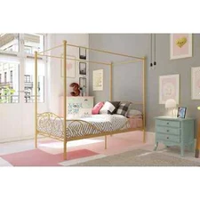 Gold Scrolling Heart Metal Canopy Twin Size Bed Frame For Girl Bedroom Furniture
