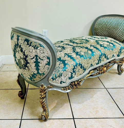 Marquis Bench French Style Blue and Gold Details Interior Design Furniture - Picture 2 of 6