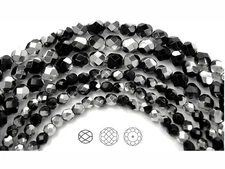 Czech Fire Polished Round Faceted Glass Beads in Jet Labrador, black and silver