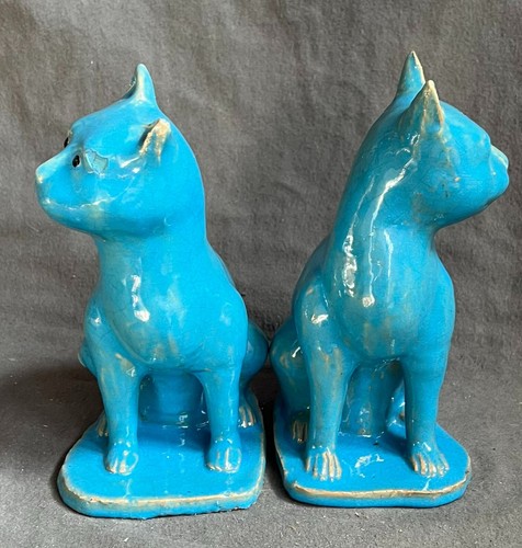 Vintage Pair Chinese Turquoice Blue Glazed Cats Marked 3643 Hong Kong - Picture 2 of 16