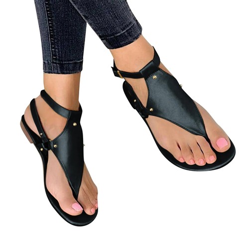 Summer Sandals Flats Slippers Pu Leather Flip Flops Belt Buckle Fashion Sandals - Picture 9 of 21