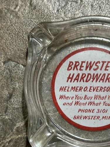 Vintage Brewster Hardware 4 Digit Phone Number Brewster Minnesota Ashtray - Picture 3 of 8