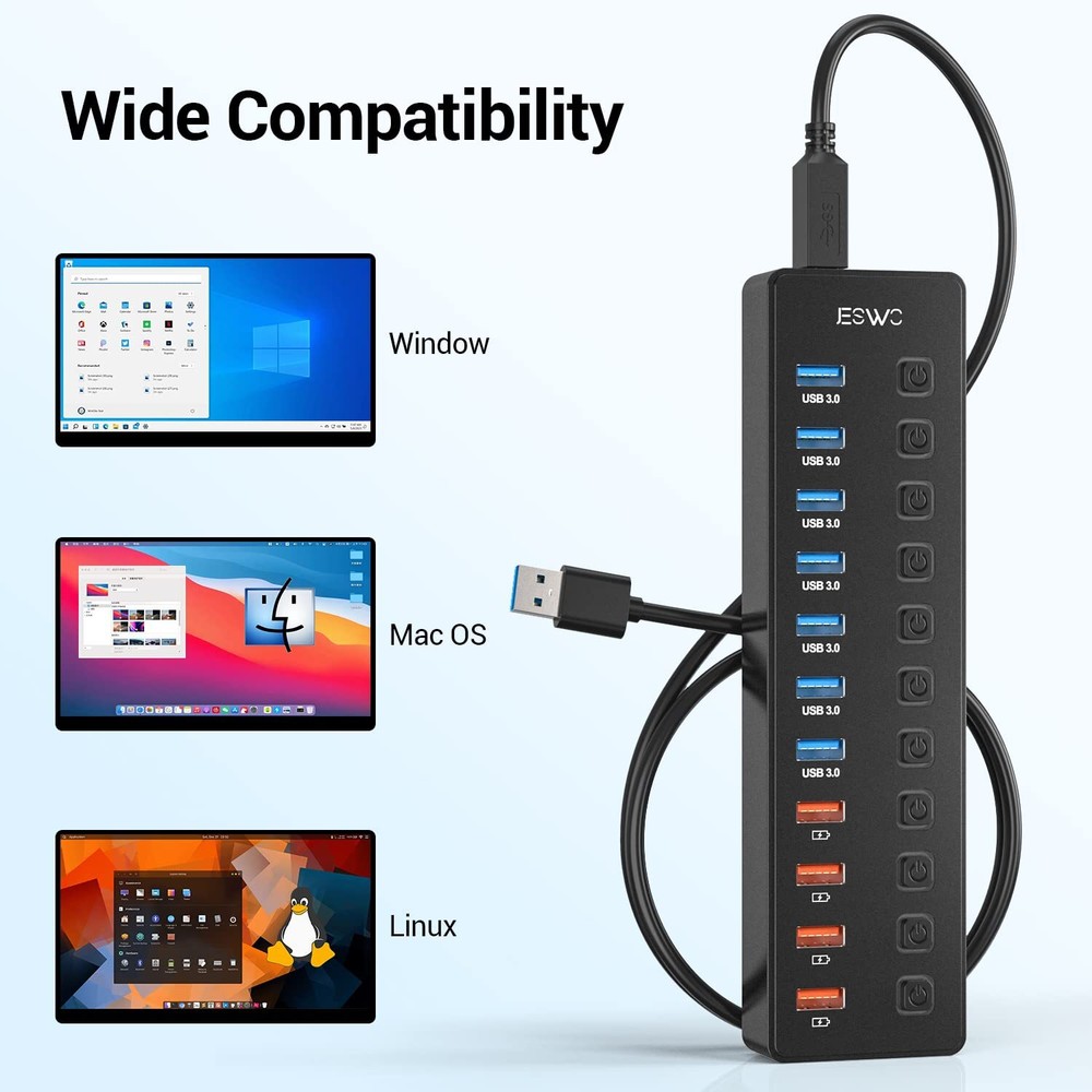 11-Port USB 3.0 Hub with 7 Data Ports & 4 Smart Charging Ports