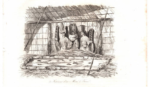 Grabado Dumont d'Urville 1834 ~ Heiau en KAUAI / ofertas Cap. Cocinero ~ HAWAI - Imagen 2 de 3