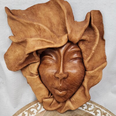 Leather Face Mask Molded Sculpture Wall Hanging Female Expression Africa Artisan