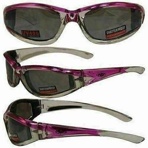 Womens Foam Padded Motorcycle Sunglasses-PINK/SILVER CHROME-Flash Mirror Lens
