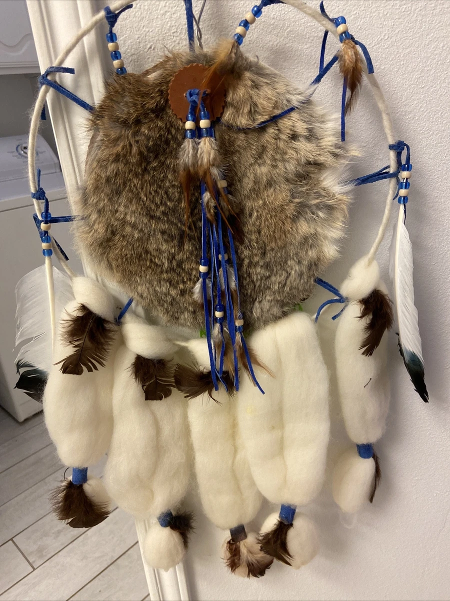 Vintage Dream Catcher Fur Wool Feathers Beads Large Hand Made