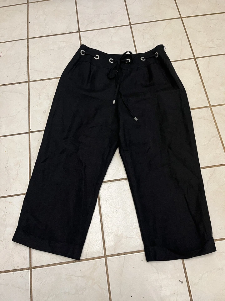 PANTOLOGY 全新带标签! 黑色亚麻/人造丝高腰绑带阔裤 14W 码 — 第 2/4 张图片