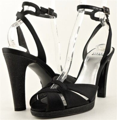 $280 STUART WEITZMAN GLOTURNABOUT Black Satin Designer EVENNG Sandals 10