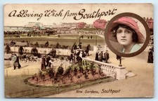 POSTCARD SOUTHPORT - NEW GARDENS - GLAMOUROUS LADY INSERT GLAMOUR - 1918