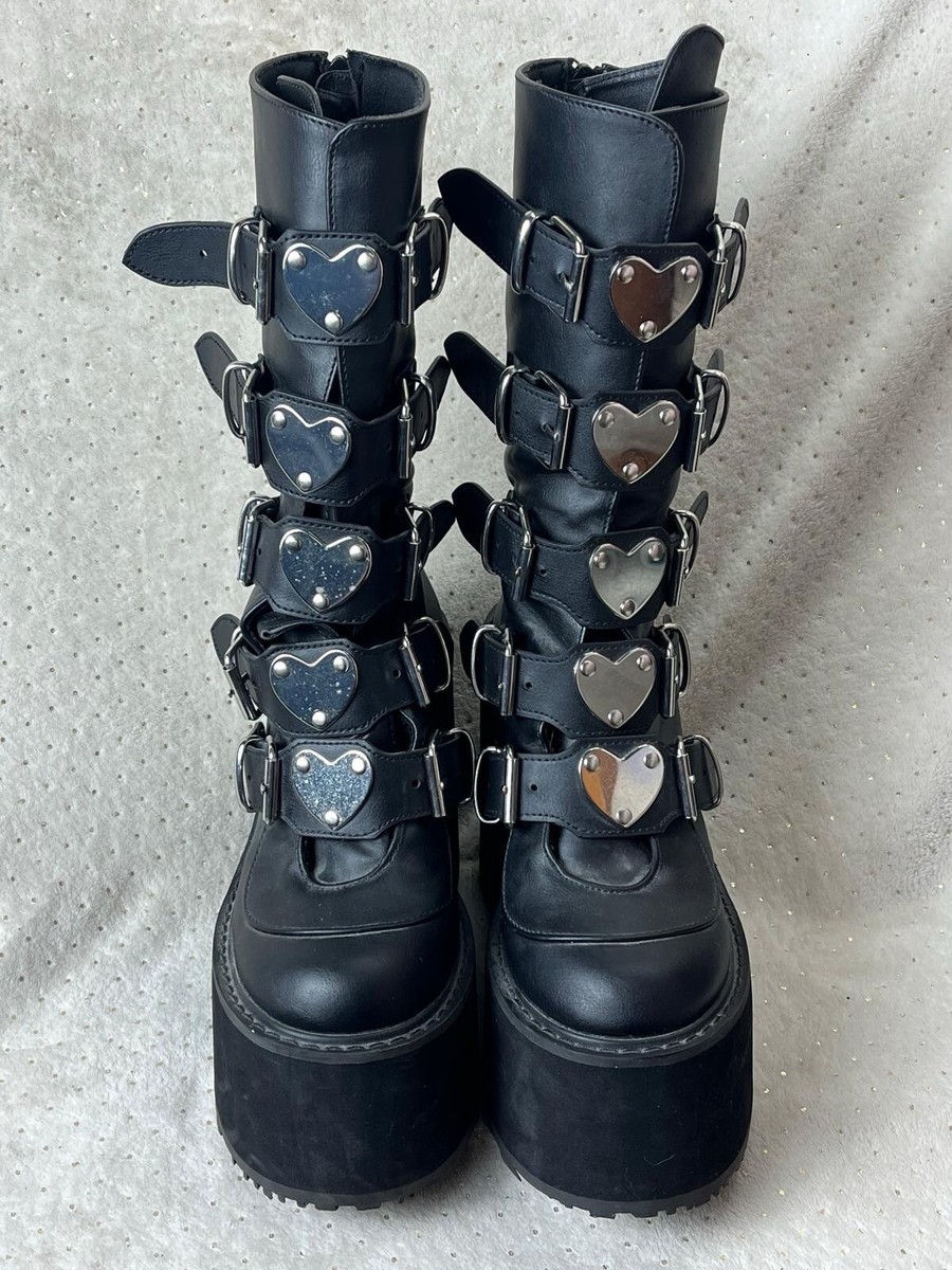 Demonia Womens Boots Swing 230 Black Heart Buckles Goth Platform