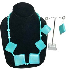 Turquoise Blue Necklace Earrings Set Square Beads Silvertone Boho Jewelry