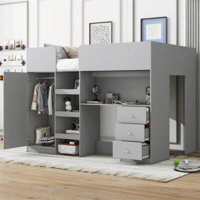 Wood Full Size Loft Bed with Built-in Wardrobe, Desk, Storage Shelves and Drawer