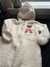 Vintage hand-knit baby bunting gown w hood  mittens cream bear design zipper cl