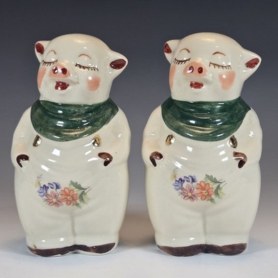 Shawnee Pottery Smiley Pig Salt & Pepper Shakers RARE Gold Trim Decals Green 5'' 