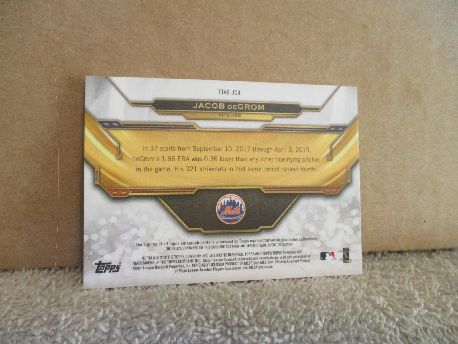 2019 TOPPS TRIPLE THREADS JACOB DEGROM #TTAR-JD4 3 COLOR RELIC PATCH AUTO 2/3 view 19