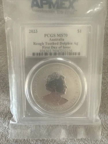 PCGS Ms70 Aus Rough Toothed Dolphin Silver Dollar 2023 First Day of Issue