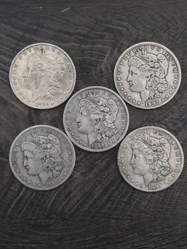 Morgan Silver Dollar Lots of 5ea, VF-XF 1878-1921 $1 , Mixed Dates and Mints