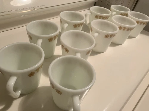 Vintage Pyrex Butterfly Gold Coffee Mug 300ml Milk Glass D Handle #1410 Lot of 2