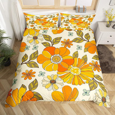 Retro Flowers Duvet Cover Set King Size,Watercolor Yellow Floral Green Leaves Pl
