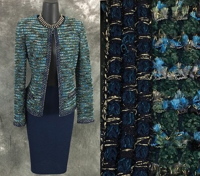 BEAUTIFUL St John couture blue multi knit jacket skirt suit size 2