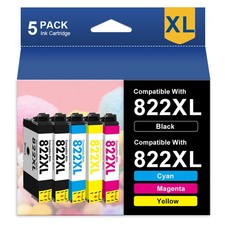 5 Pack 822XL T822 Black Color Ink for Epson WorkForce WF-4834 WF-4820 WF-3820