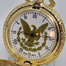USA American Eagle Men's Gold Tone Pocket Watch Analog Quartz Star Stripes
