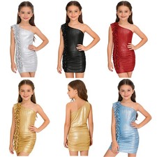 Kids Girls Bodycon Dress Wedding Metallic Ball Ruched Princess Gowns Stage Mini