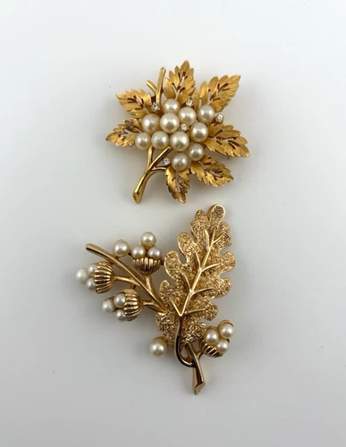 Vintage Lot of 2 Trifari Signed Pearl Goldstone Brooches