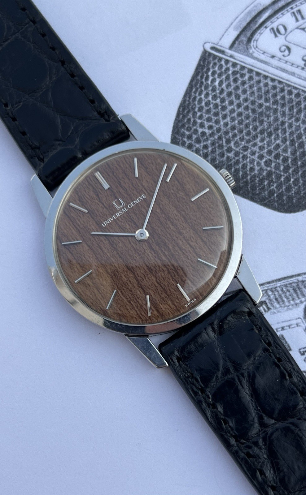 Rare Universal Genève Wood Dial 842101 Stainless Steel Manual Winding 31mm
