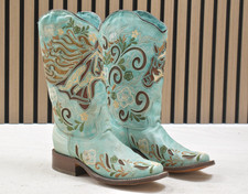 Corral Ladies Aqua Horse Inlay Embroidery Sq. Toe Leather Boot A4370 Sz 6M