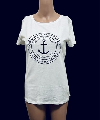 TOM TAILOR DENIM GRAPHIC T-SHIRT ANCHOR LOGO CREW NECK WOMENS WHITE SIZE SMALL