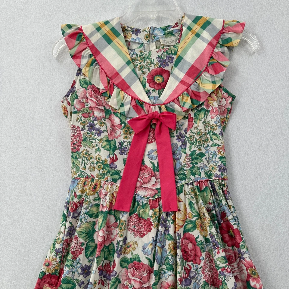 Vintage 50s Cotton Bib Dress Womens SMALL / Kids 14 Floral Pinup Cottage - Image 3 of 4