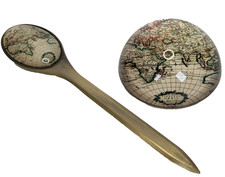 Vintage Domed Glass Paperweight And Letter Opener Set With Old Style Map
