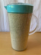 Plastic Insulated RAFFIA WARE Pitcher with LID - Turquoise - 10.5" tall